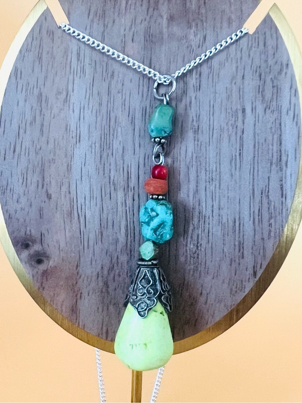 Silver Necklace with Green turquoise and coral Pendant